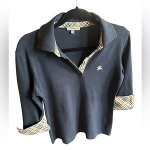 Burberry Navy Long Sleeve Polo Shirt with Plaid Accents size XXL runs Small